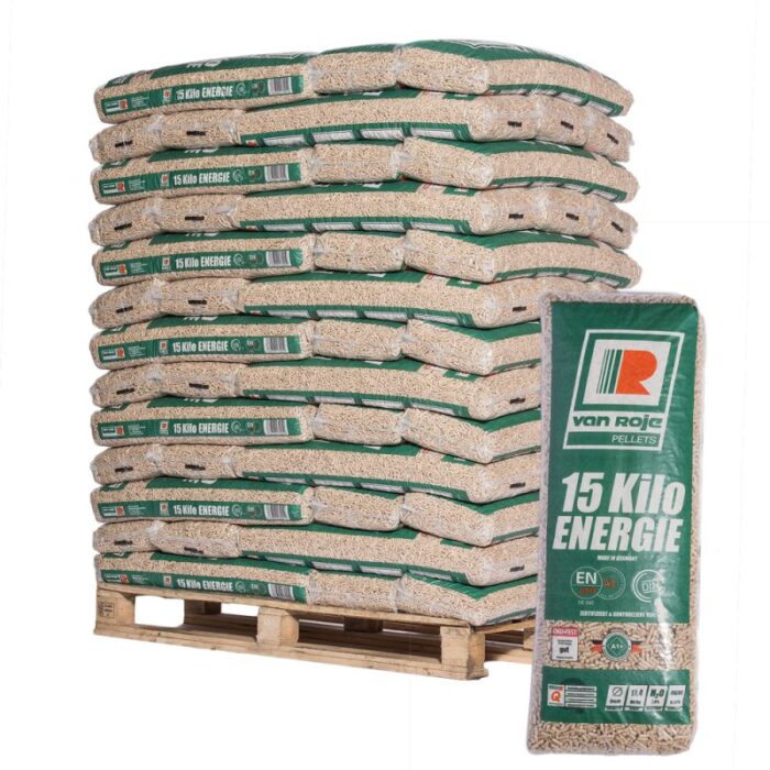 PALLET MET PELLETS VAN ROJE – 65 ZAKKEN VAN 15 KG